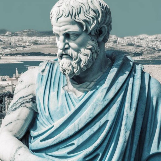 древнегреческий философ в гиматии на фоне античных руин